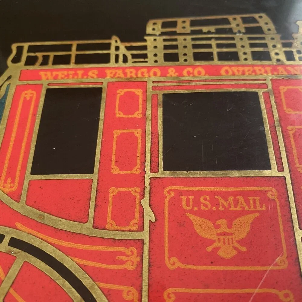 COUROC WELLS FARGO STAGECOACH TRAY 12 x 18 VINTAGE WOOD AND BRASS INLAY